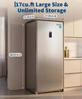 Huge 17 Cu Ft Upright Convertible Freezer And Fridge Hybrid With Four Chill Modes Auto Defrost System showing dimensions and sleek design.