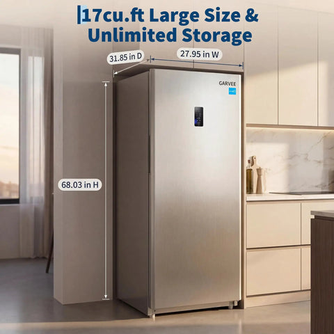 Huge 17 Cu Ft Upright Convertible Freezer And Fridge Hybrid With Four Chill Modes Auto Defrost System showing dimensions and sleek design.