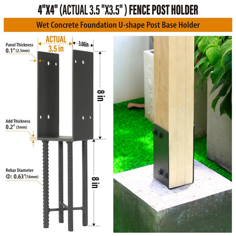 Heavy Duty Stainless Steel U Shape 4x4 Post Holder Bracket Built To Last For Wet Concrete Foundations Post Base For Fence Deck Railing And Pergola Wood Posts Actual 3.5 By 3.5 Inches Dark Grey next to a wooden post and illustrated dimensions.