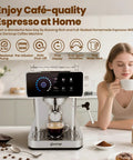 Digital Touchscreen Espresso Maker With 20 Bar Pressure Pump And Dual Spout Portafilter 51 Oz Tank Built In Timer, sleek design on kitchen counter.