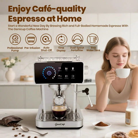 Digital Touchscreen Espresso Maker With 20 Bar Pressure Pump And Dual Spout Portafilter 51 Oz Tank Built In Timer, sleek design on kitchen counter.