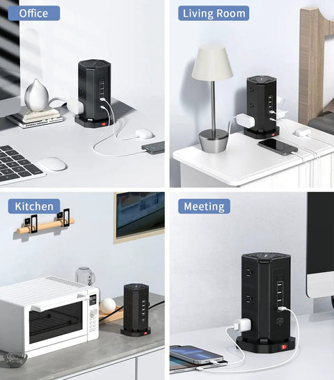 Tower Power Strip With USB Ports And Surge Protector 9 Widely Spaced AC Outlets Plus 5 USB Ports Including One USB C in various rooms.