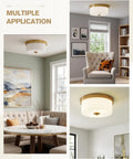 11 Inch Brushed Gold Flush Mount Ceiling Light With Milk Glass Shades shown in different room settings.