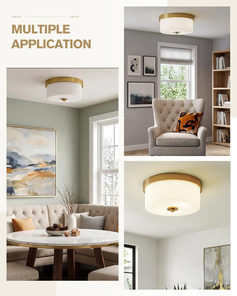11 Inch Brushed Gold Flush Mount Ceiling Light With Milk Glass Shades shown in different room settings.
