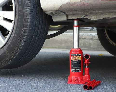 3 Ton Double Ram Hydraulic Bottle Jack With 6.5 To 16.5 Inch Lifting Range Portable Car Jack lifting a vehicle