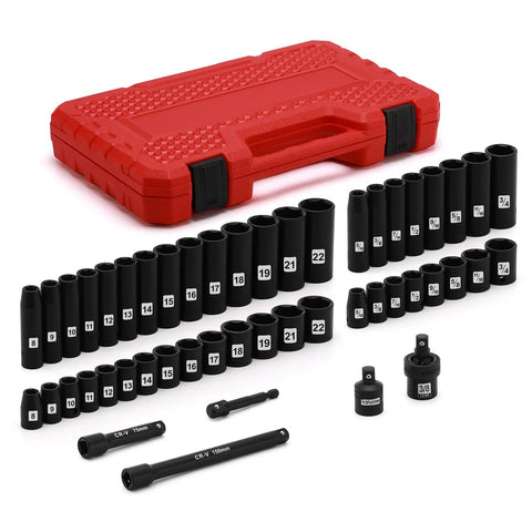 49-Piece Three-Eighths Inch Drive Impact Socket Set With Deep And Shallow 6-Point Sockets, SAE And Metric, CR-V Steel, Includes Extension Bars, Reducer, And Universal Joint Built Tough For Heavy Duty Auto And Garage Work