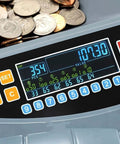 Piudoiliy Electric Coin Sorter Machine With Led Display And 8 Bins showing screen with coin count and value, ideal for business use.