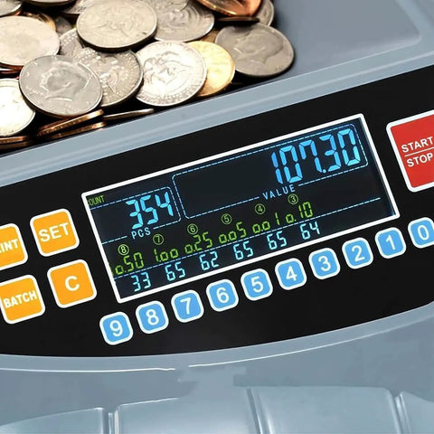 Piudoiliy Electric Coin Sorter Machine With Led Display And 8 Bins showing screen with coin count and value, ideal for business use.