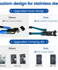 Comparison of crimping tools showing upgraded head and 1/8 die for Upgraded Hydraulic Cable Railing Crimping Tool For One Eighth Inch Stainless Steel Wire Rope Kit With Wire Cutter Beefed Up Heavy Duty Swaging Crimper For Deck Railing CT01.