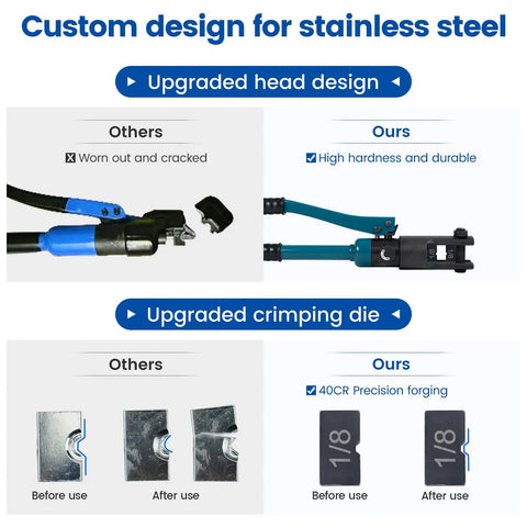 Upgraded Hydraulic Cable Railing Crimping Tool CT01 with precision dies for stainless steel, before and after use comparison