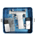 Top Shelf Mini Electric Bone Drill And Oscillating Saw For Veterinary Surgery Featuring Hella Quiet Low Noise Operation And Smooth Precision Cutting Up To 13000 Rpm For Small Animal Care in a blue storage tray showing tools and accessories.