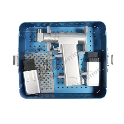 Top Shelf Mini Electric Bone Drill And Oscillating Saw For Veterinary Surgery Featuring Hella Quiet Low Noise Operation And Smooth Precision Cutting Up To 13000 Rpm For Small Animal Care in a blue storage tray showing tools and accessories.