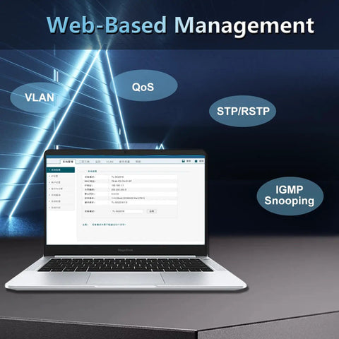 Laptop displaying web-based management for Industrial 8-Port Gigabit PoE+ Switch With 2 SFP Slots, 240W Budget, DIN Rail Mount