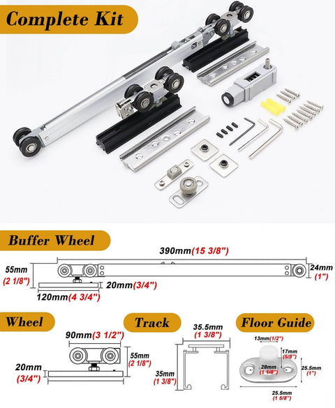 Sliding Door Track Kit With Soft Close Pocket Door Hardware Heavy Duty Smooth Quiet Black Barn Door System For Pantry And Closet 18.7 Feet Aluminum Single Track Includes Rollers Floor Guide And Hanger Plate components.