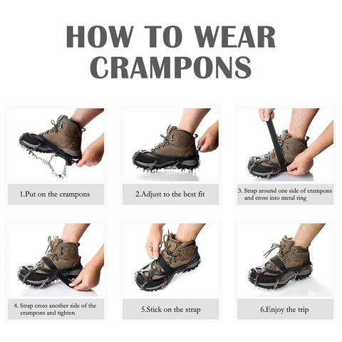 Instructions for wearing Heavy Duty Ice Cleats With 19 Stainless Steel Spikes For Boots And Shoes Anti Slip Traction Grips.