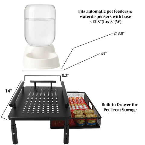 Heavy Duty Elevated Pet Feeding Station With Adjustable Height Base, Swanky Storage Drawer And Slick Metal Bracket with dimensions.
