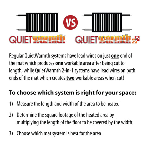 Comparison of QuietWarmth systems showing wiring differences for radiant floor heating mat for floating floors 3x10 ft 240V cuttable mat.
