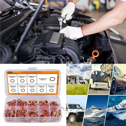 Badass Flat Copper Washers 200 Piece Kit in engine bay, assorted M5-M14 copper sealing washers for oil leaks