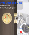 Pocket Door Privacy Lock With Easy Grip Flush Handles Satin Brass Round Knob For Bed And Bath Doors, installed view