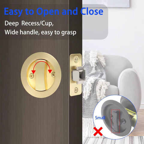 Pocket Door Privacy Lock With Easy Grip Flush Handles Satin Brass Round Knob For Bed And Bath Doors, installed view
