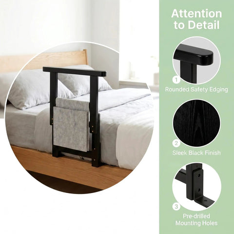 Adjustable Bed Rail For Seniors, Sturdy Grab Bar Supports Up To 300 Lbs, shown with rounded safety edging and sleek black finish