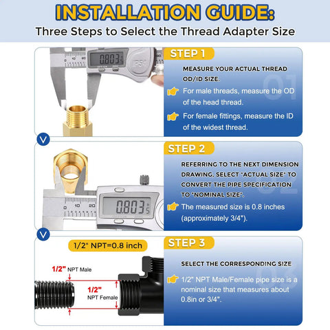 Installation guide for measuring 1/4 inch NPT threads with caliper, part of 4 Pack Brass Pipe Fittings One Quarter Inch NPT Male To One Quarter Inch NPT Male Brass Hex Nipple Adapter Reducer For Air Oil LP Gas Heavy Duty Quick Seal Durable Plumbing Fitting Kit For DIY Home Shop