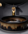 USZWBY Round Bathroom Vessel Sink with Faucet Combo 16.1" Art Wash Basin in stylish black and gold, modern design for vanity use.