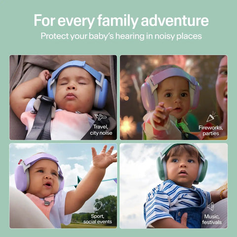 Collage of babies wearing Baby Ear Muffs For Hearing Protection With 24 Decibels Noise Reduction, Adjustable Headband in various settings.