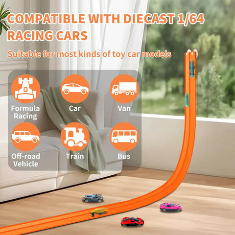 Flexible Track Race Set For Kids With 15 Foot Modular Track, 4 Suction Cups, And Six Diecast Cars In 1 To 64 Scale, Orange Edition