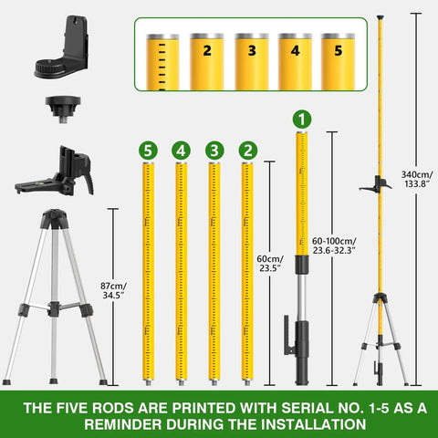Tripod and construction rods for laser level setup with measurement markings