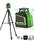 360 Degree Green Beam Laser Level With Tripod 60 Inch Self Leveling Tool on black tripod with green 360° lines, carrying case, glasses, and cable