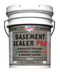 Super Slick Basement Sealer White 5 Gallon for Concrete and Masonry Surfaces in white container with waterproofing details.