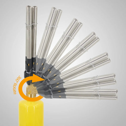 Pro Grade Three Head MAPP And Propane Torch showing 360 degree swivel function with stainless steel tips for welding plumbing