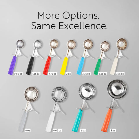 Assorted portion scoops with colorful handles, including 3.25 Ounce Trigger Release Portion Scoop With Green Handle Stainless Steel Disher.