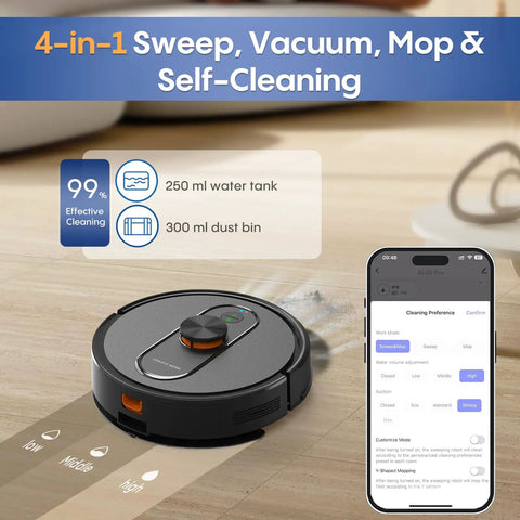 Robot Vacuum And Mop Combo With 6000Pa Monster Suction LiDAR Navigation Self Emptying Dock near smartphone app interface