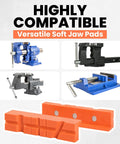 6 Inch Magnetic Soft Vise Jaws Cover Pads For Clamping And Holding Heavy Duty TPU Jaw Pads With Multi Groove Design To Protect Delicate Surfaces While Gripping Tight Ideal For DIY Home Workshop And Hobby Projects. Orange TPU vise jaw pads with multi-groove slots and magnets