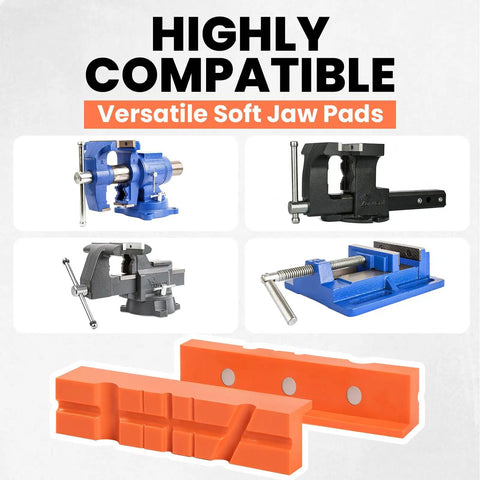 6 Inch Magnetic Soft Vise Jaws Cover Pads For Clamping And Holding Heavy Duty TPU Jaw Pads With Multi Groove Design To Protect Delicate Surfaces While Gripping Tight Ideal For DIY Home Workshop And Hobby Projects. Orange TPU vise jaw pads with multi-groove slots and magnets