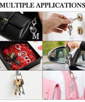 Custom Initial V Keychain In Stainless Steel Key Ring Silver Alphabet Charm For Women And Men Personalize Your Name Dope Bag Purse Pendant Decor And Durable Everyday Accessory displayed in various uses such as keychains on bags, door locks, and car keys.