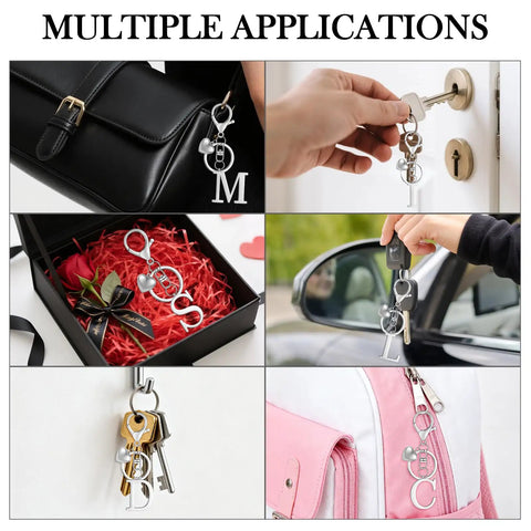 Custom Initial V Keychain In Stainless Steel Key Ring Silver Alphabet Charm For Women And Men Personalize Your Name Dope Bag Purse Pendant Decor And Durable Everyday Accessory displayed in various uses such as keychains on bags, door locks, and car keys.