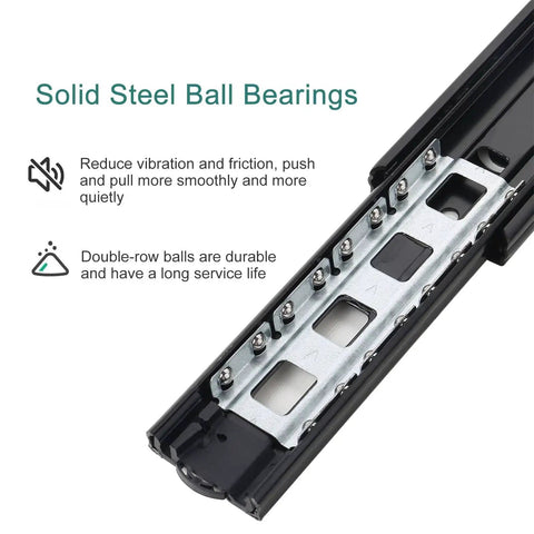 Close-up of Soft Close Drawer Slides With Push To Open, Full Extension Ball Bearing Glides, highlighting solid steel bearings.