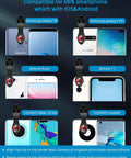 5 In 1 Phone Camera Lens Kit with 0.63x Wide Angle, 15x Macro, 190 Degree Fisheye, 2x Telephoto Zoom, CPL Filter on multiple smartphones.