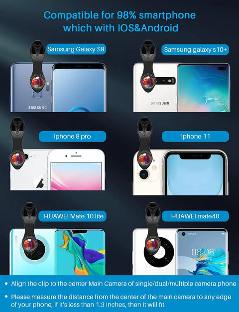5 In 1 Phone Camera Lens Kit with 0.63x Wide Angle, 15x Macro, 190 Degree Fisheye, 2x Telephoto Zoom, CPL Filter on multiple smartphones.