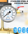 Stainless Steel Dry Pressure Gauge 0-200 Psi, 2 Inch Dial, Center Back Mount, shown connected to air compressor