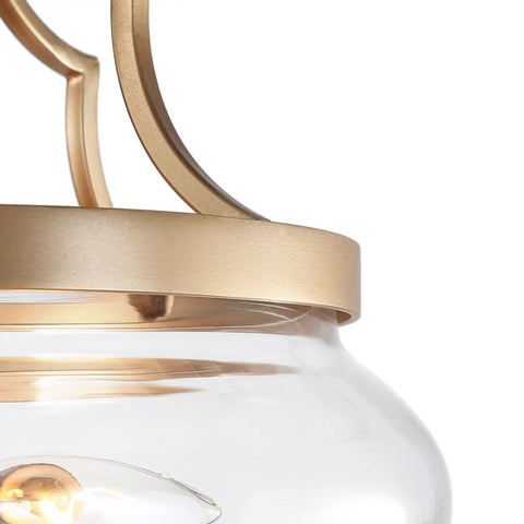 Close-up of Gold Semi Flush Mount Ceiling Light With Fishbowl Glass Shade Chic Modern Minimalist Fixture, gold finish detail.