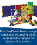 Replacement Cantilever Support Legs For PlayPanel Room Dividers, durable plastic feet in blue, freestanding setup in classroom.