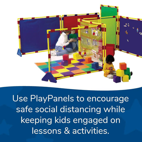 Replacement Cantilever Support Legs For PlayPanel Room Dividers, durable plastic feet in blue, freestanding setup in classroom.