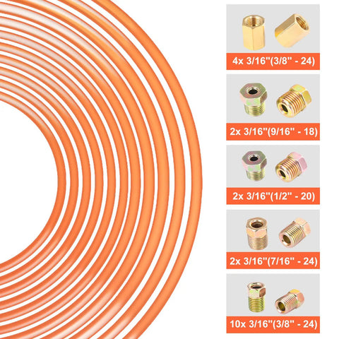 Go-To All-In-One 3/16 Brake Line Repair Kit With 25 Ft Copper Coated Tubing close-up with assorted fittings