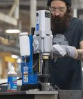 Heavy Duty 115 Volt Magnetic Drill Built Like A Tank With Kickin Three Speed Gearing Up To Two Three Eighths Inch Capacity in use.