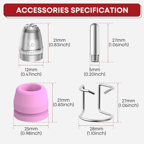 Accessory specifications for 50Pcs AG60P Plasma Cutter Torch Consumables Kit Pro Grade.040 In Tips, sizes and dimensions