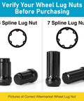 Two Piece 6 And 7 Spline Lug Nut Socket Set With Wheel Lock Key For No Fuss Quick Installation And Removal Of Aftermarket Spline Drive Lug Nuts Includes 41/64 Inch For M12 Series And 3/4 Inch For M14 Series showing 6 and 7 spline lug nuts with labels.